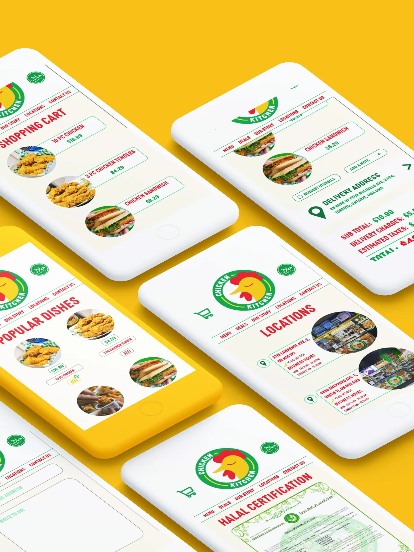 Chicken Kitchen website screens on phones against a yellow background