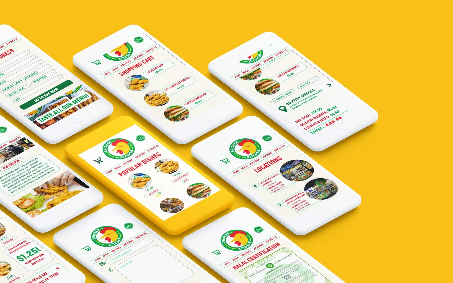 Shopping cart, popular dishes, locations and halal certification screens