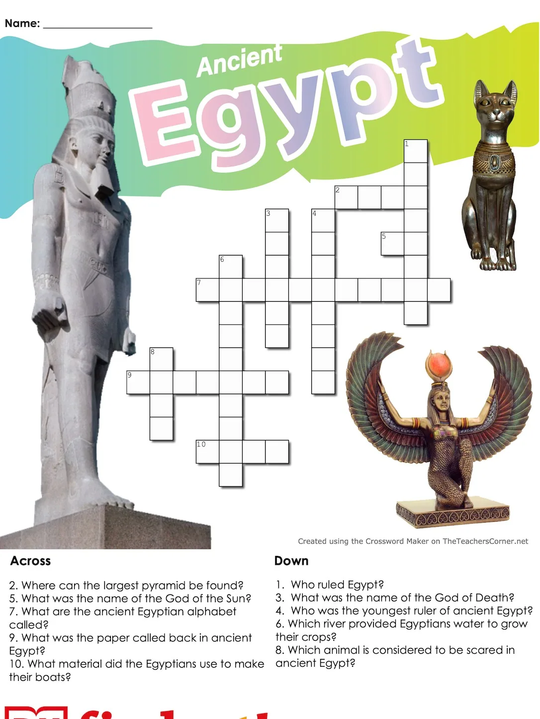 Ancient Egypt crossword activity sheet with statues of Ramesses and Isis
