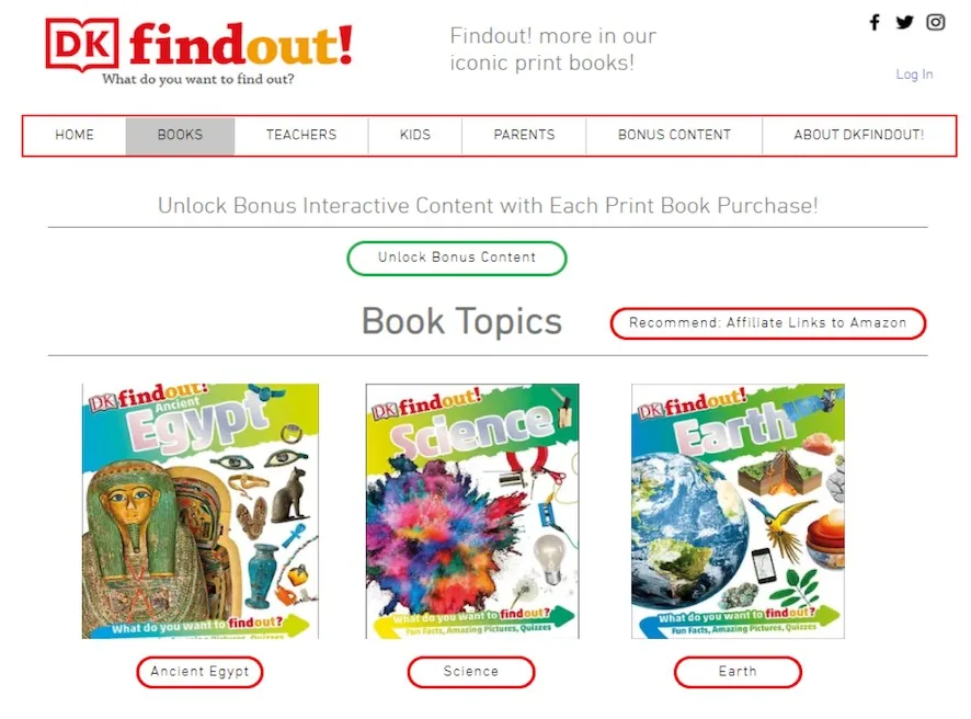 Book topics page with unlockable bonus content
