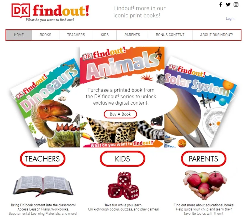 Redesigned DK Findout! home page with Teachers, Kids and Parents sections