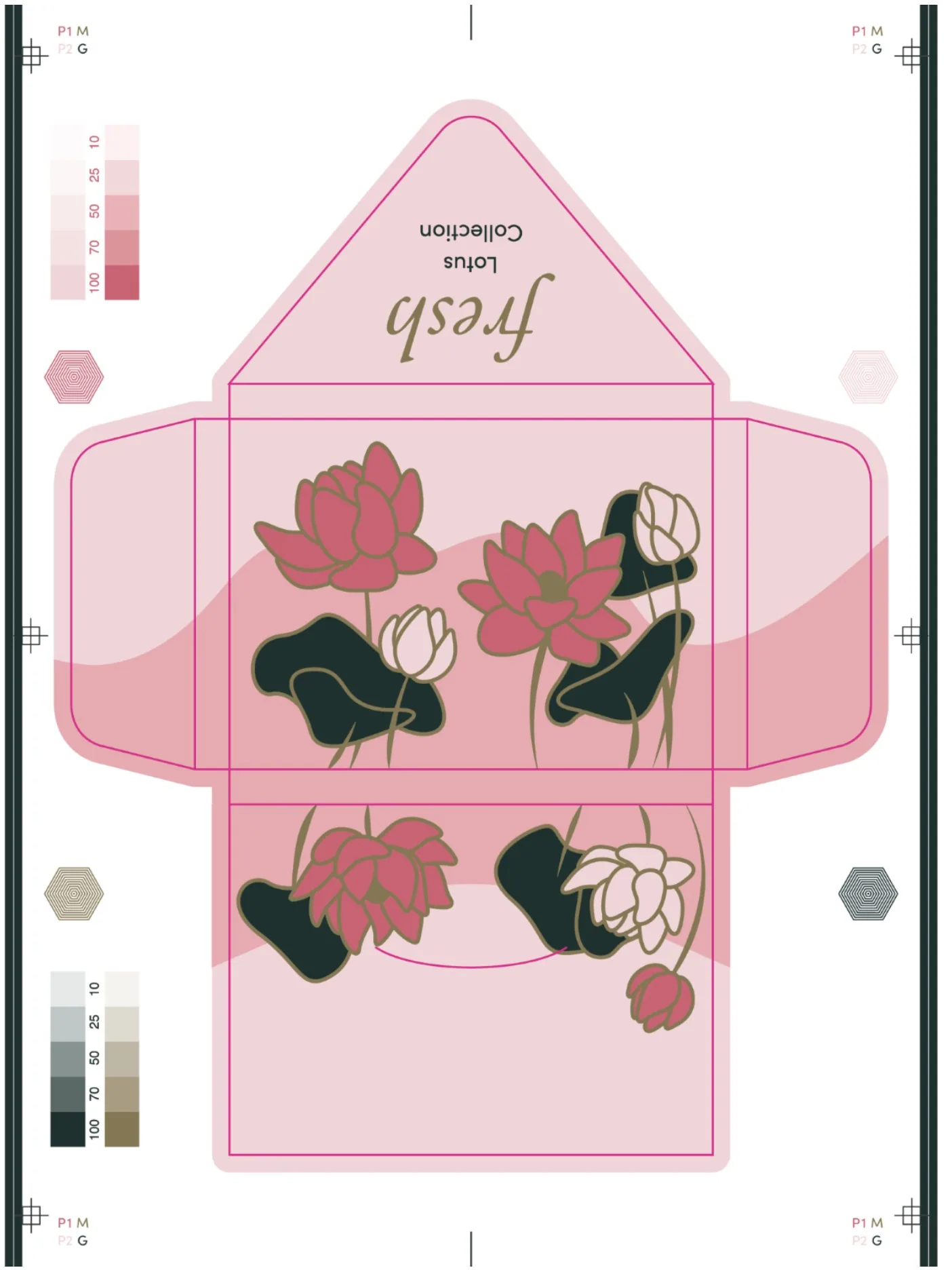 Carton artwork for the Fresh Lotus collection, with lotus flowers on pink