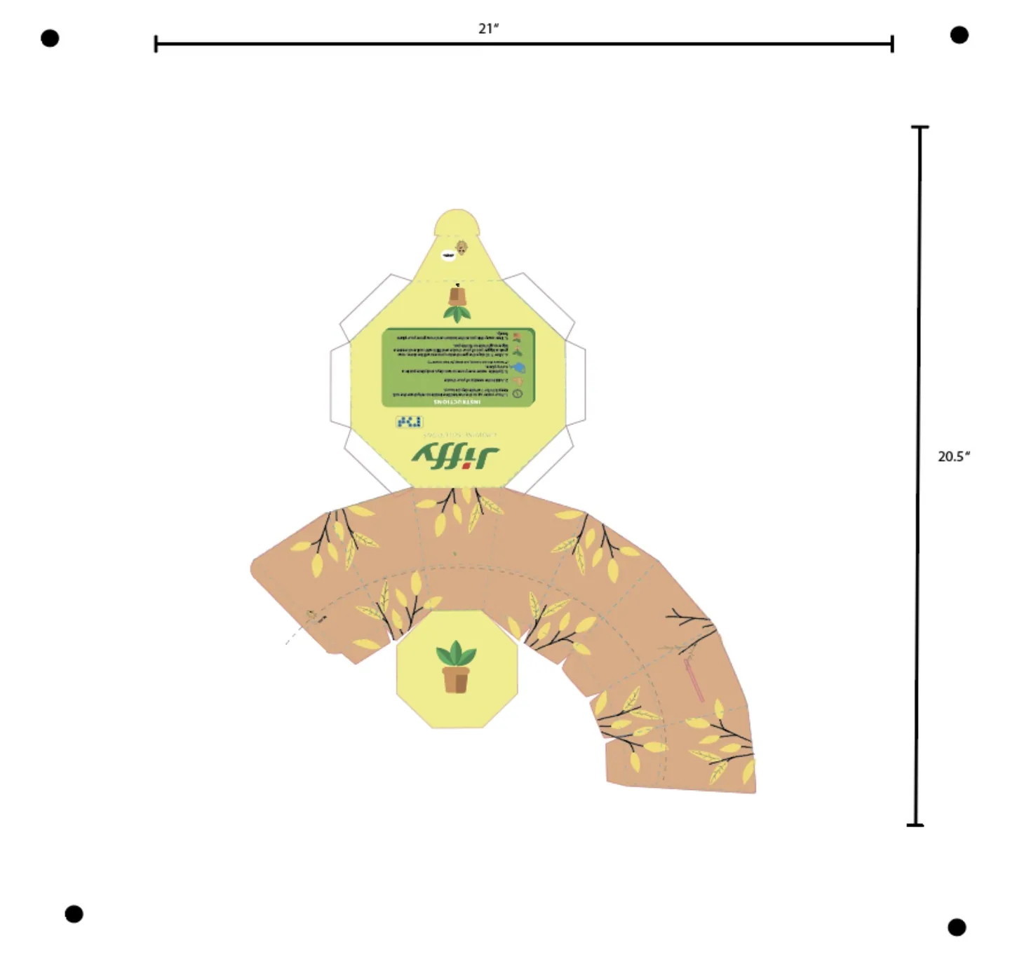 Printed dieline with artwork and sheet dimensions