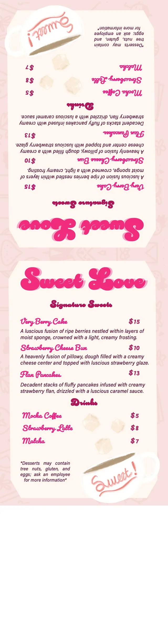 Sweet Love café menu, front and back